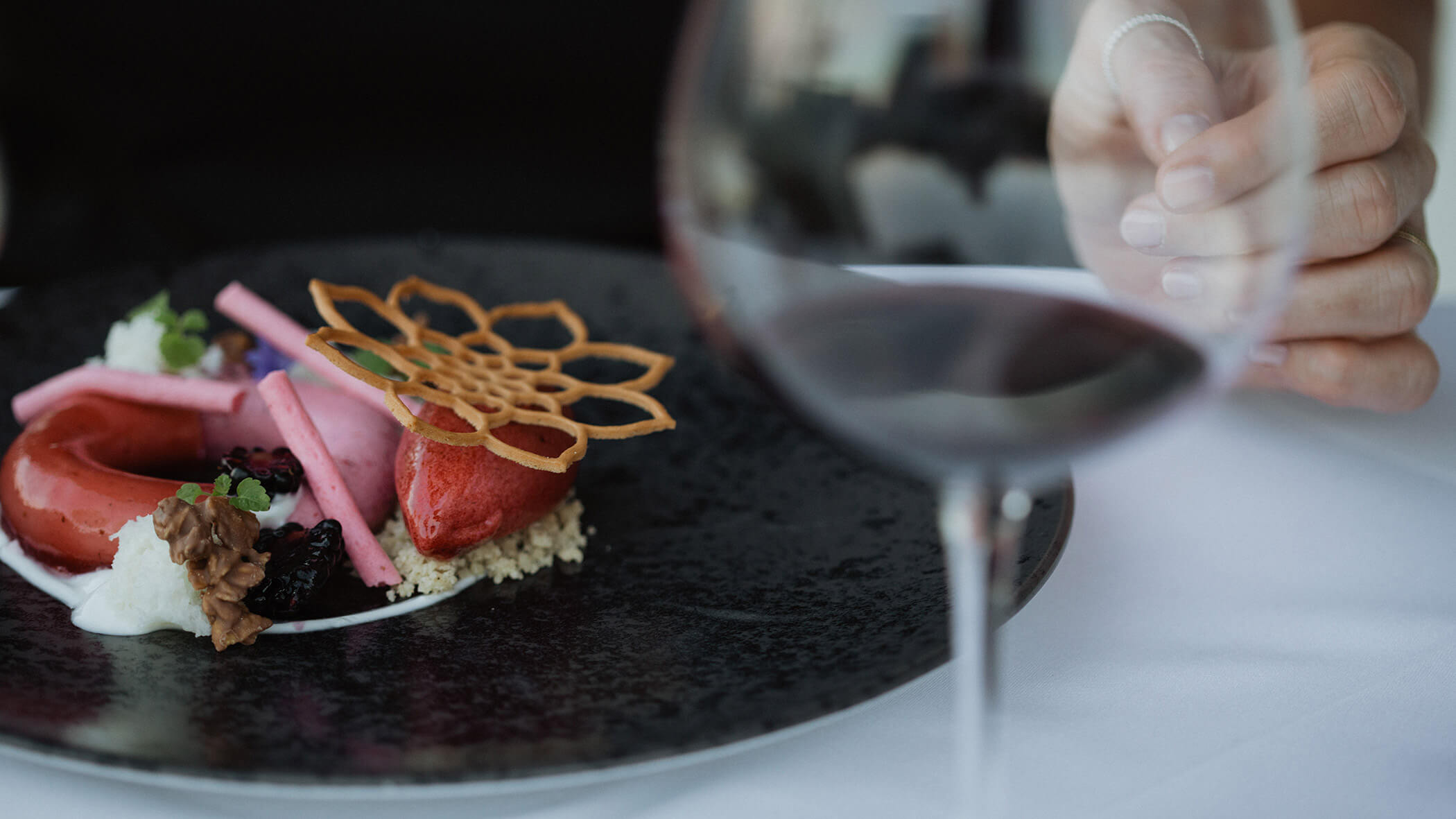 Beautifully arranged dessert with various components